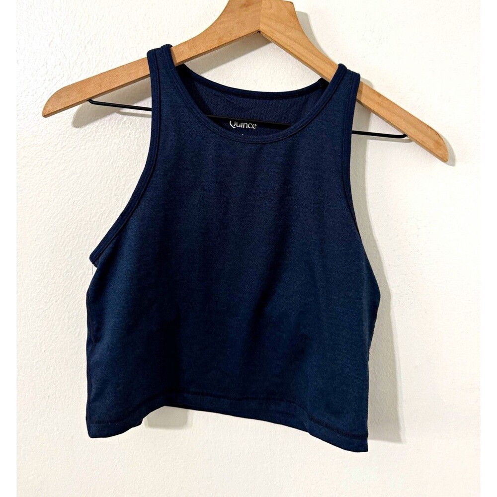 Quince Women’s Navy Cropped Scoop Neck Stretch Knit Tank Top Sz S Gym Activewear